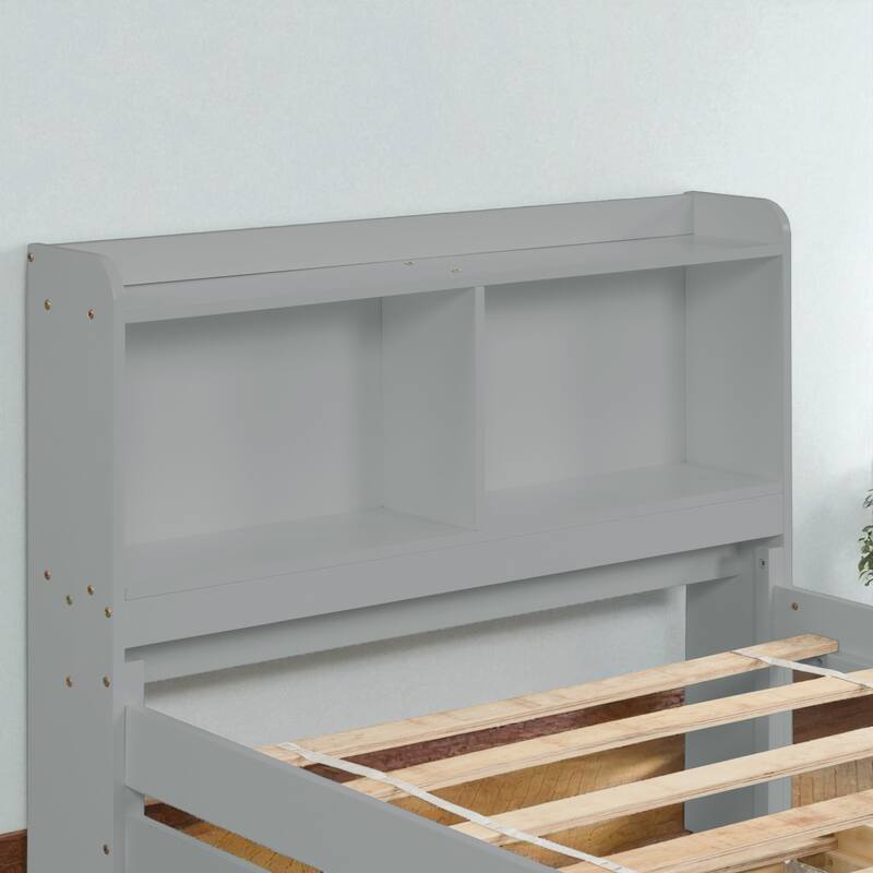 Twin/Full Bed Frame with Pull-Out Trundle and Bookcase Headboard, No Box Spring Needed