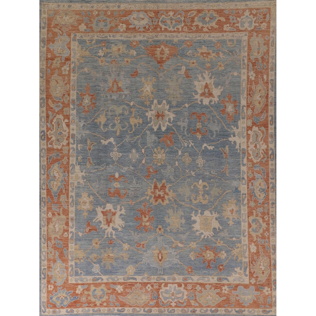 Floral Oushak Vegetable Dye Area Rug Handmade Blue Wool Carpet - 8'0" x 9'11"