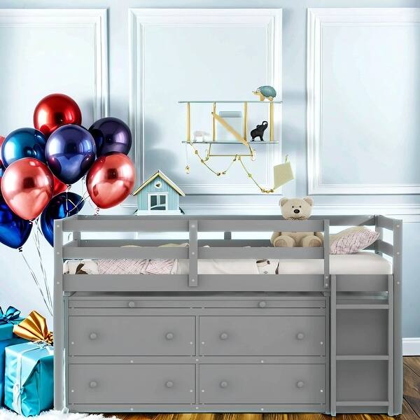 slide 2 of 13, Twin Size Bunk Bed with Retractable Writing Desk and 4 Drawers ,Versatility Galore Grey