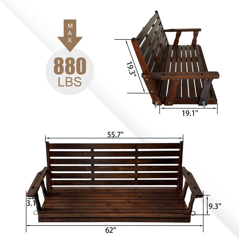 Wooden Porch Swing with Hanging Chains and 7mm Springs Heavy Duty 800 LBS for Outdoor Patio Garden Yard
