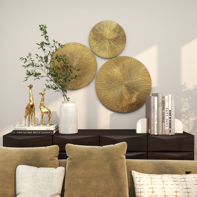 Wooden Plate Carved Radial Wall Decor - Set of 3 Gold, White or Black - CosmoLiving by Cosmopolitan