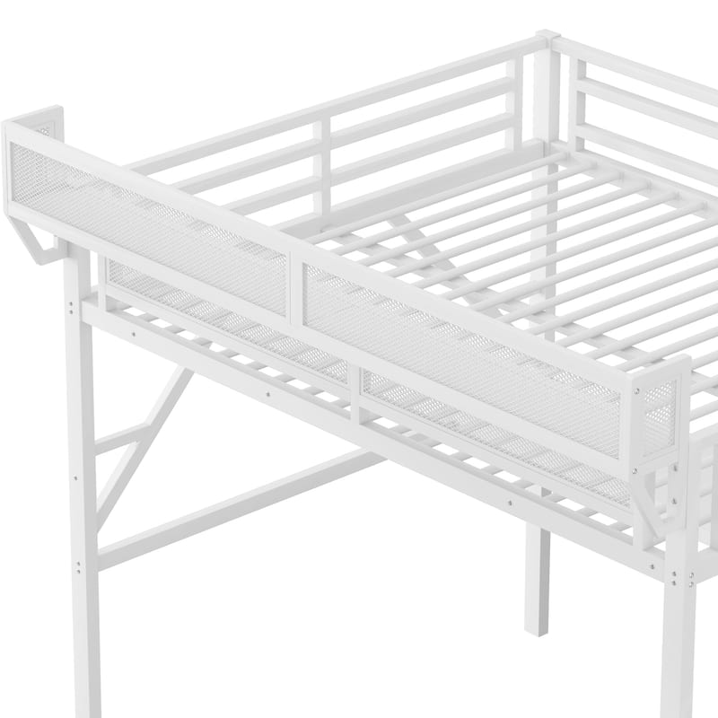 Iron Loft Bed Frame with Desk, Charging Station, Bedside Shelf and Wardrobe, Heavy Duty Metal Loftbed with LED Lights