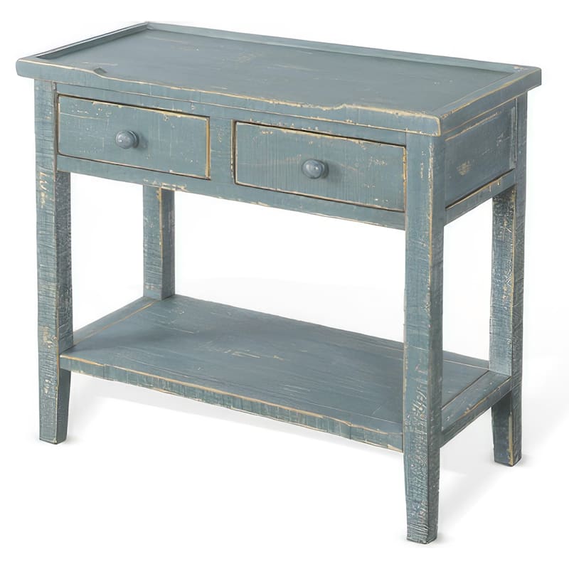 Rena Side End Table, 2 Drawers 1 Shelf, 28 Inch Rustic Green Mahogany