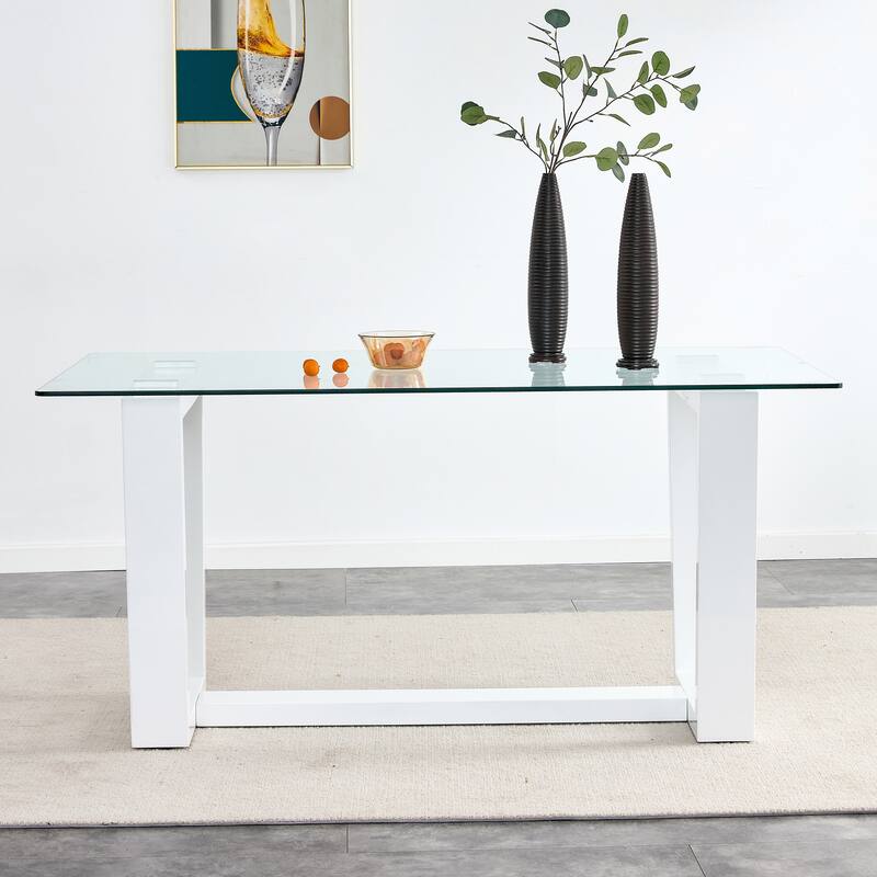 Roomfitters Rectangular Glass Dining Table for 6-8 with White MDF Trapezoid Legs for Dining Room or Kitchen, White