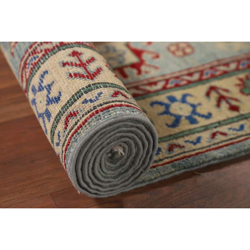 Light Blue Kazak Runner Rug Hand-Knotted Oriental Foyer Wool Carpet - 2'8" x 16'0"