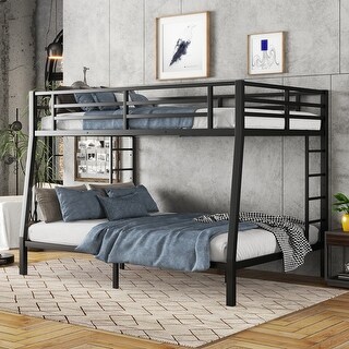 Black Full XL over Queen Size Metal Bunk Bed with Fence, Ladder, Space-Saving and Noise Reduced for Teens and Adults