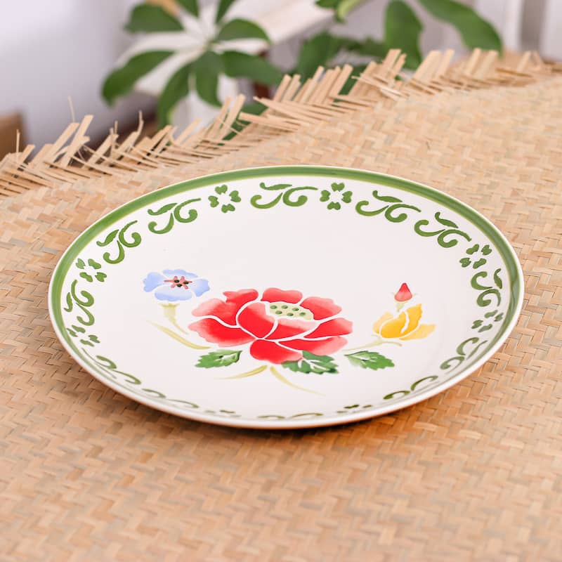 Novica Handmade Poppy Garden In Green Ceramic Dinner Plate