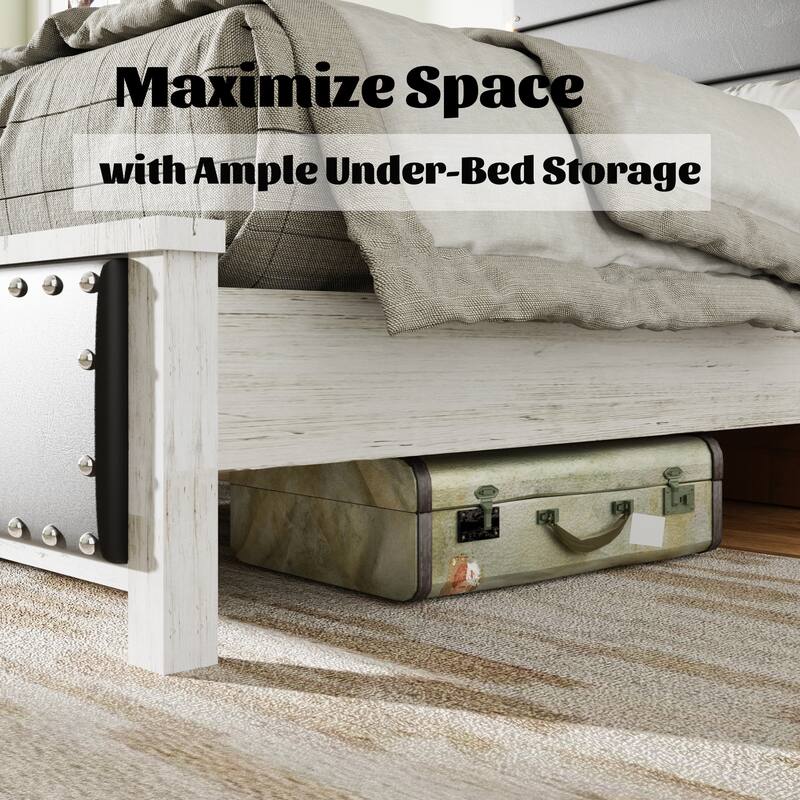 Queen Size Bed Frame with Upholstered Headboard, Queen Bed Frame with Charging Station and LED Lights, Wood Slats