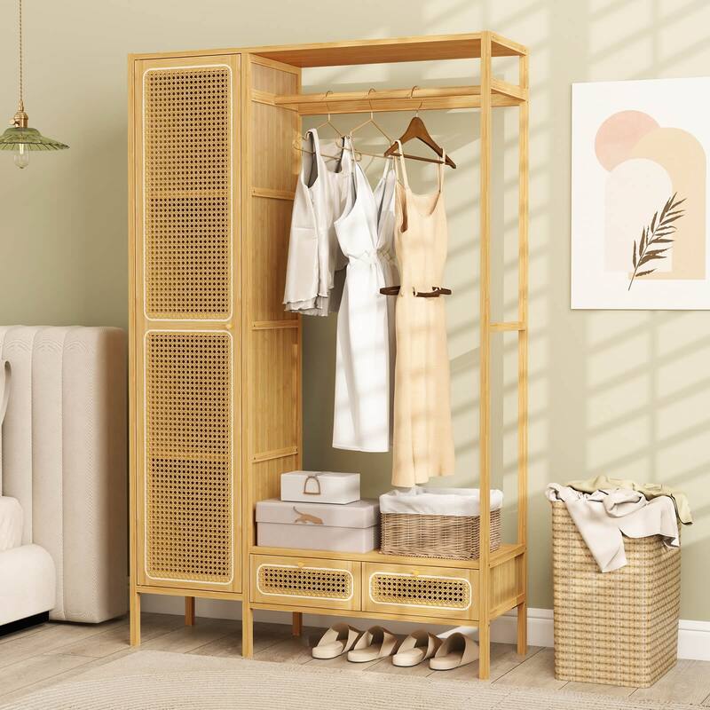 Costway Bamboo Clothing Rack with Cabinet Hanging Rod Storage Shelf & - Natural - See Details