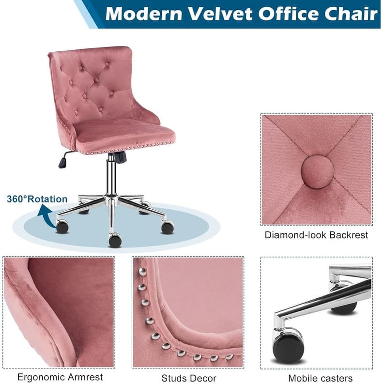 VINGLI Pink Velvet Office Chair with Wheels