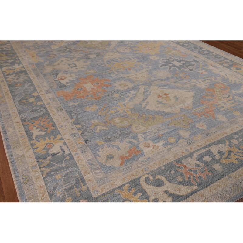 Blue Oushak Turkish Rug Handmade Vegetable Dye Wool Carpet - 9'3"x 11'11"
