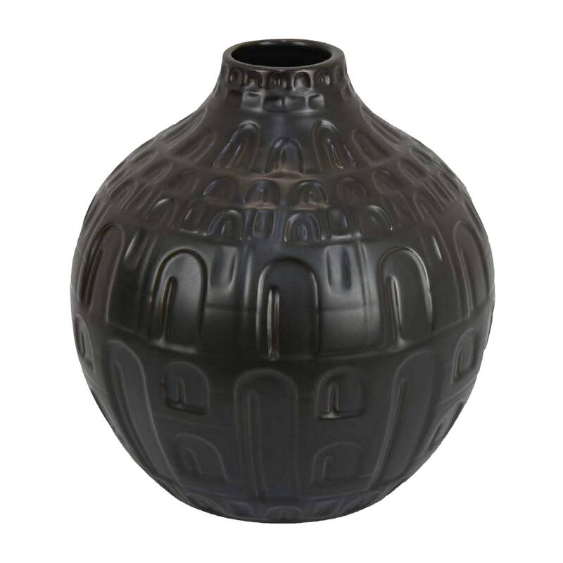 Sheena Vase, Black Ceramic, Narrow Mouth and Embossed Pattern, 10 Inch