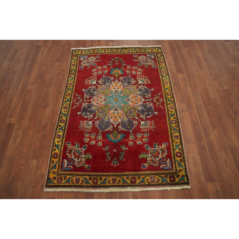 Hand Knotted Oriental 100% Wool Carpet Traditional Floral Red Tabriz Area Rug - 4' 8'' X 3' 2''