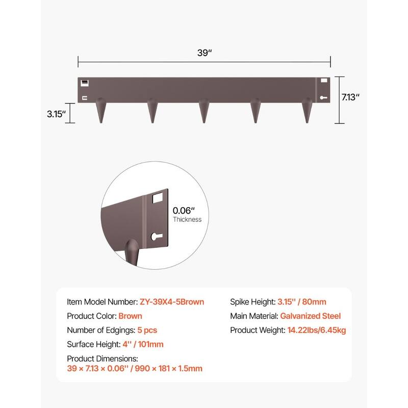 39" Long Brown Galvanized Metal 5-Piece Flexible Landscape Garden Edging Border with Spikes - 39 x 7.13 x 0.06 in