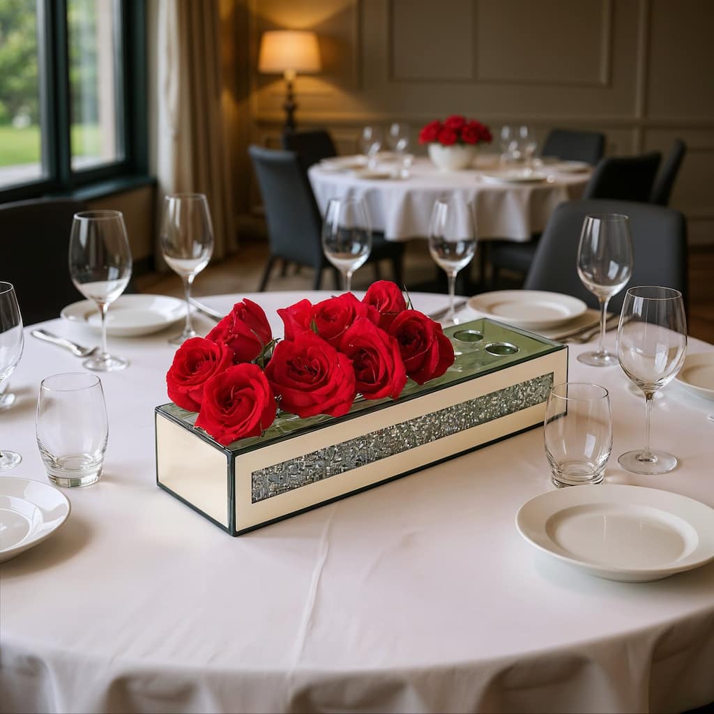 13" Silver Crystal And Mirrored Glass Table Vase With Crystals - 13.19