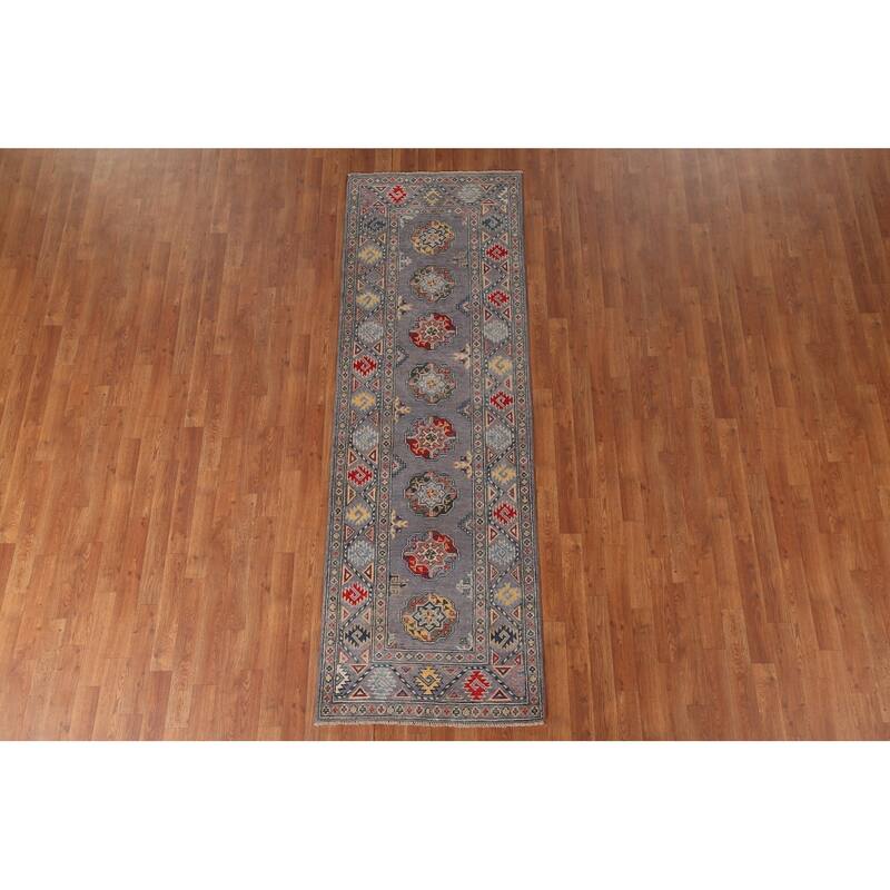 Geometric Gray Kazak Runner Rug Handmade Wool Carpet - 2'8" x 8'3"