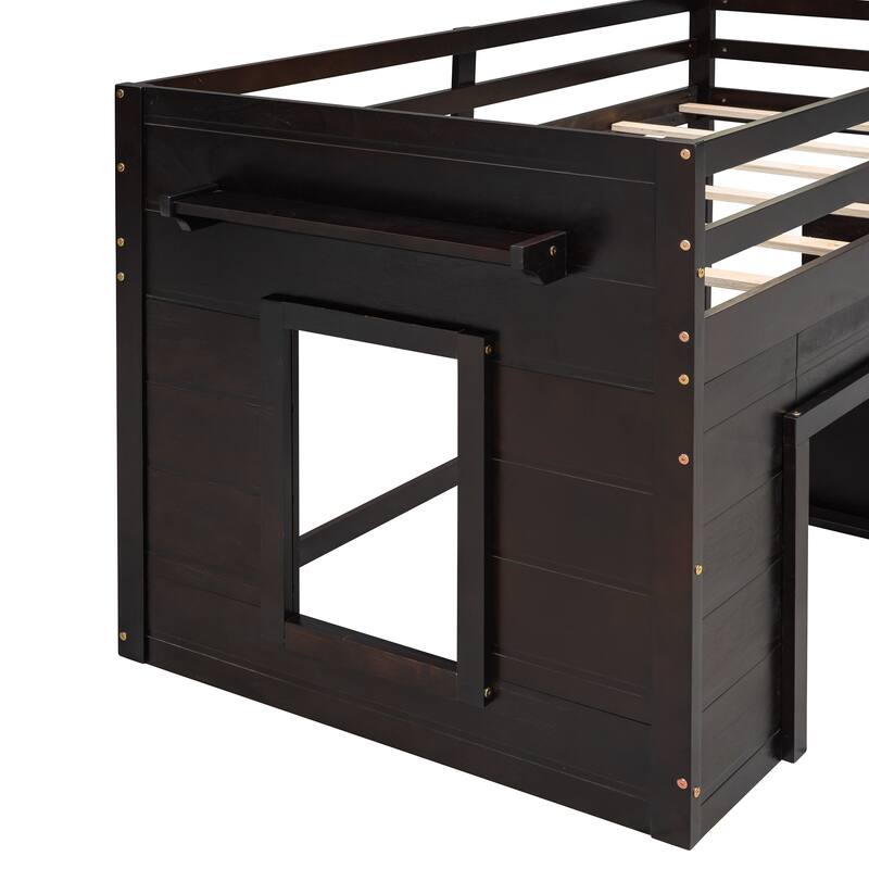 Twin Size Loft Bed with Cabinet and Shelf in Espresso, Gray, or White