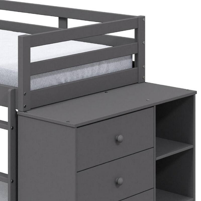 Classic Twin Bunk Bed with Cabinet, 4 Drawers, 3 Compartments, Ladder, Gray