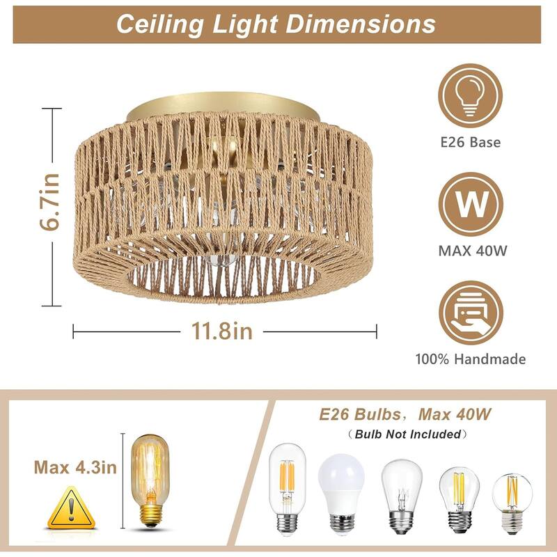 3-Light Rattan Ceiling Light Fixture, Flush Mount Ceiling Light with Hand-Woven Shade, Chandelier for Living Bedroom Entryway