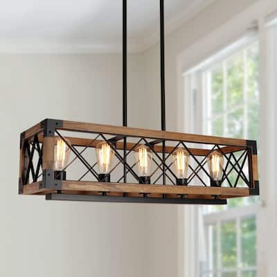 Modern Farmhouse 5-Light Wood Rectangle Chandelier Cage Island Lights for Dining Room - 31.6"L x 10" W x 7.8" H