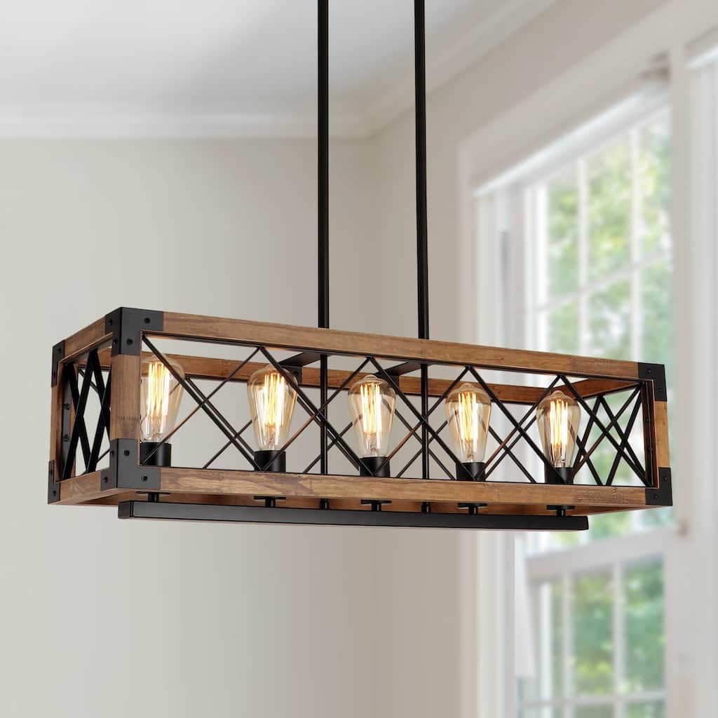 Modern Farmhouse 5-Light Wood Rectangle Chandelier Cage Island Lights for Dining Room - 31.6"L x 10" W x 7.8" H