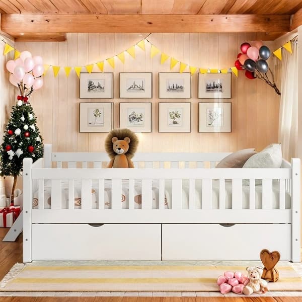 slide 2 of 12, White Solid Wood Platform Bed with Guardrail and 2 Drawers,Twin Size Kids Bed White