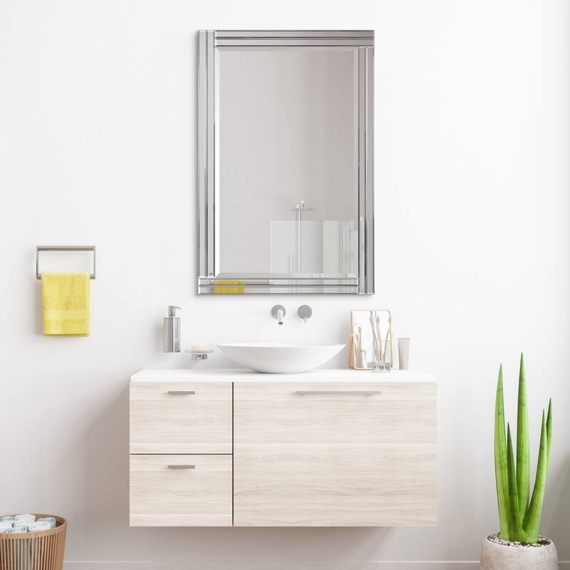 Moderno Stepped Beveled Rectangle Wall Mirror, Solid Wood Frame, 1"-Beveled Center Mirror, Ready to Hang - Clear