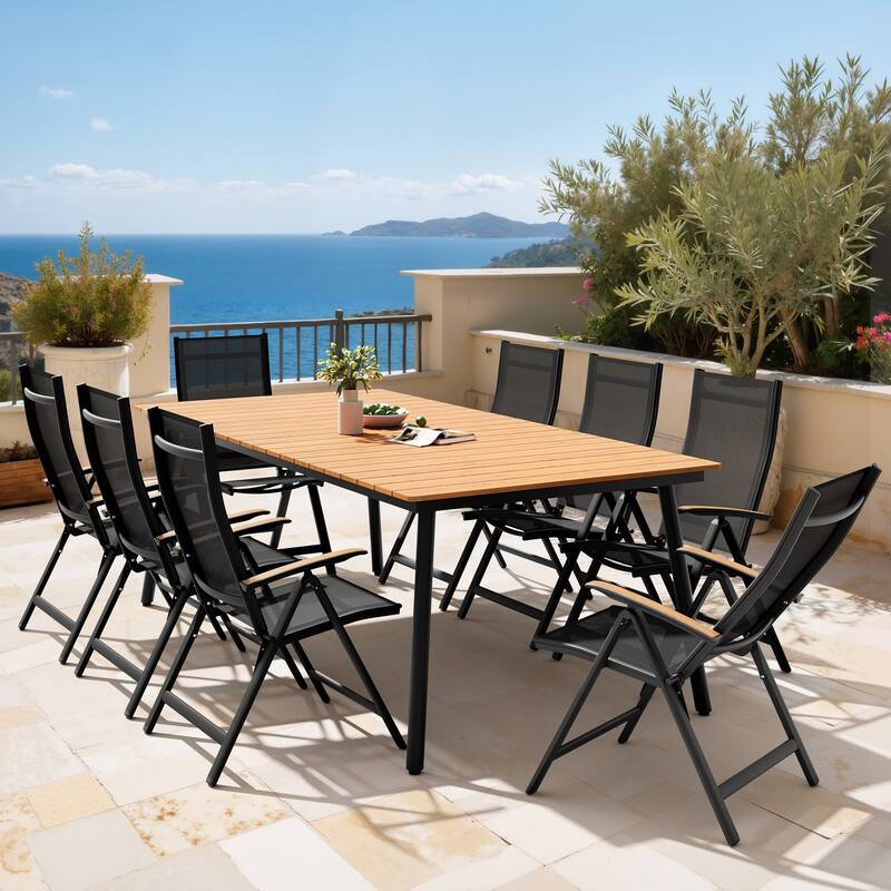 9PC Outdoor Patio Dining Set Aluminum Umbrella Hole Table with Folding Chairs - Brown