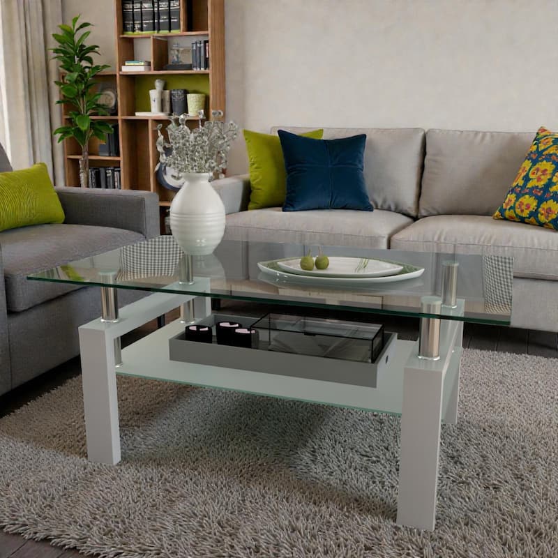 Rectangle Glass Coffee Table with Storage Shelf, Modern Clear Glass Coffee Table with Metal Frame