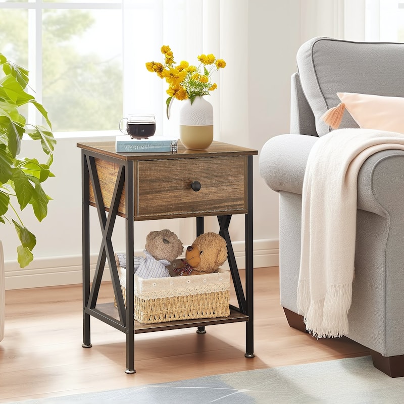 Mid Century Modern End Table with Storage Shelf X-Shaped Sofa End Table with Handle Drawer Felt Padded Legs
