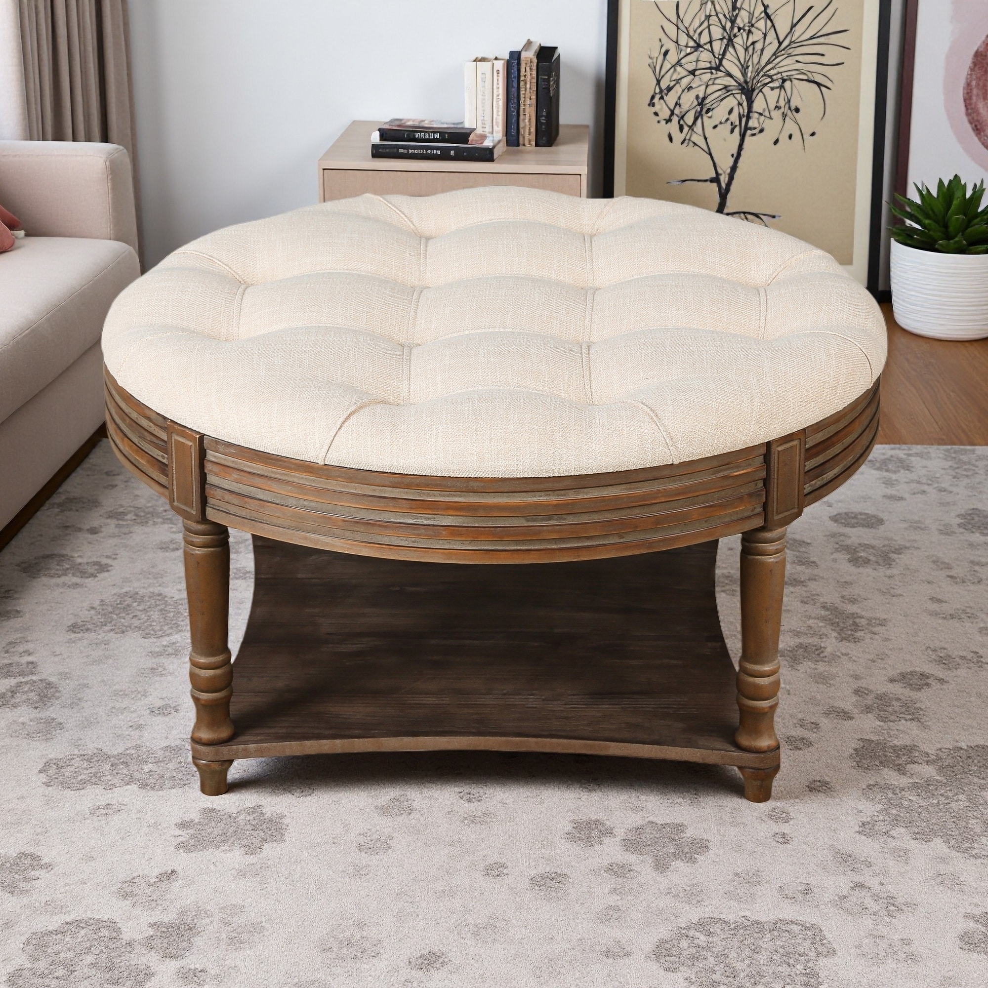 31.5" Linen Upholstered Ottoman with Button Tufted Design and 2-Tier Wooden Shelf Storage with Waterproof Surface
