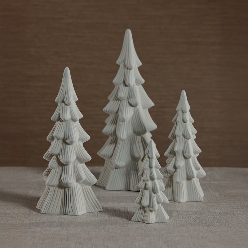 Snow-Covered Flocked Ceramic Decorative Trees, Holiday Tabletop Décor, Set of 4