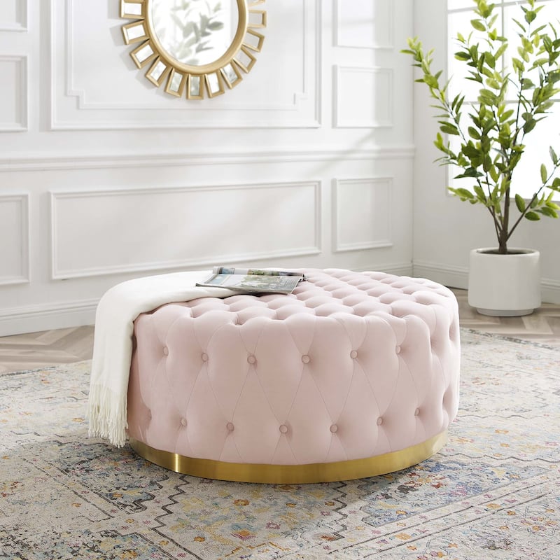 Ensconce Tufted Performance Velvet Round Ottoman - Pink