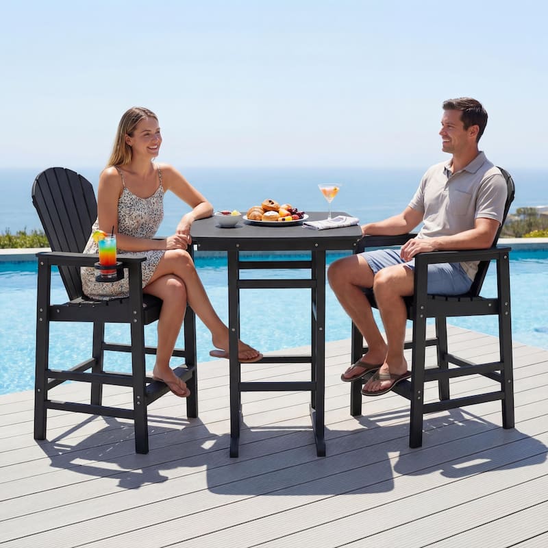 3-Piece HDPE Bar-Height Patio Bistro Set, 42.1" Square High Top Pub Table + 2 Bar Chairs, All-Weather Outdoor Dining Set