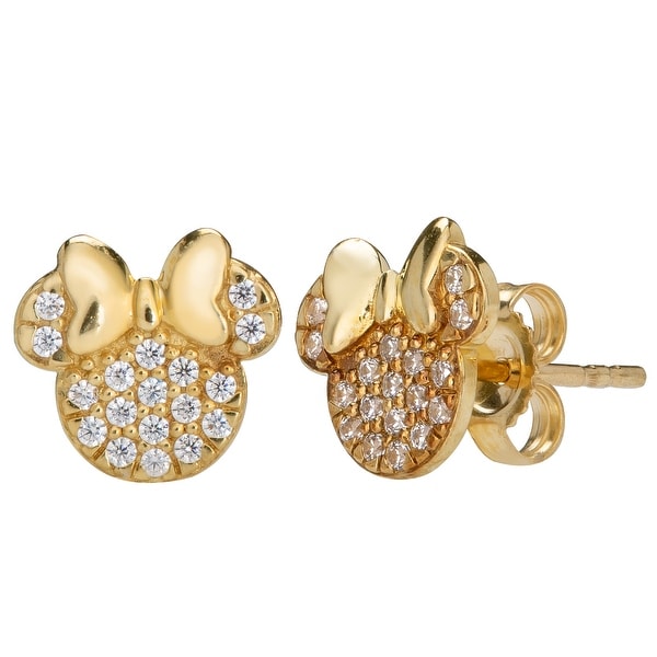 Disney 14KT Yellow Gold Cubic Zirconia Minnie Pink Bow Stud Earrings. Opens flyout.