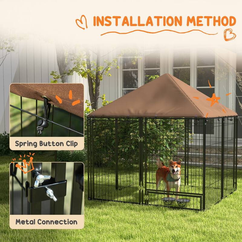 Black-Brown Metal Oxford Dog Playpen with Roof and Feeding Bowls - 55.2" L x 55.2" W x 60" H