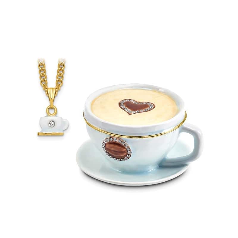 Curata Pewter Bejeweled Crystals Gold-Tone Enameled Caf\x1a Coffee Cup Trinket Box on 18 Inch Necklace