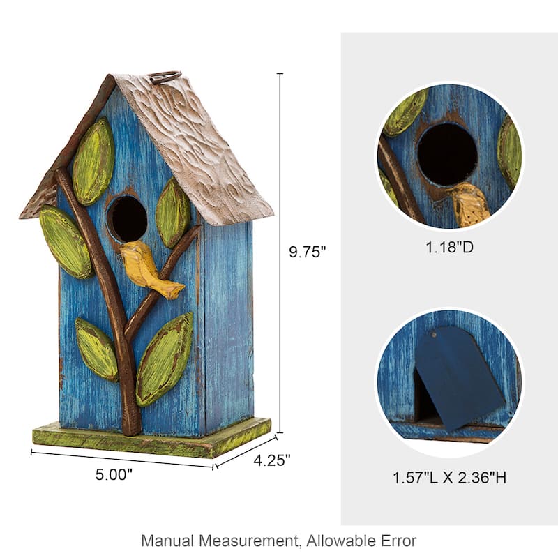 Glitzhome 10"H Multicolor Cute Distressed Solid Wood Birdhouse with 3D Flowers