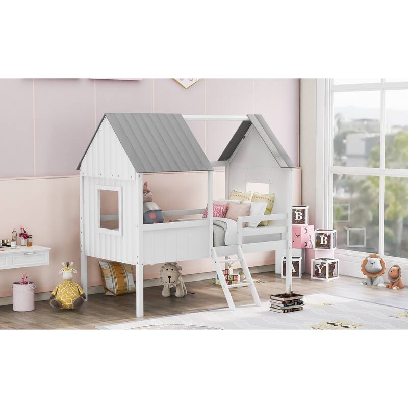 Twin Size Low Loft Wood House Bed with Two Side Windows in White and Gray
