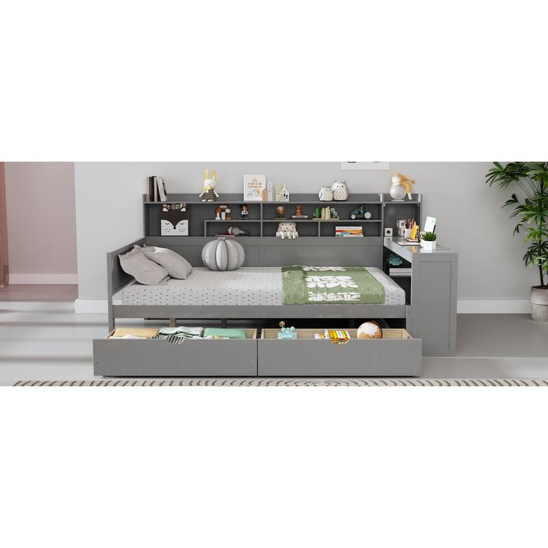 Wooden Full Size Daybed with Storage Shelves, Multi-functional Bed with Two Storage Drawers and Study Desk, Gray