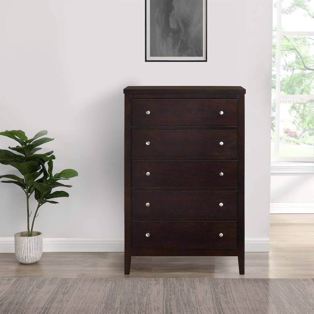 Con 48 Inch Tall 5 Drawer Dresser Chest, Silver Knobs, Cappuccino Brown