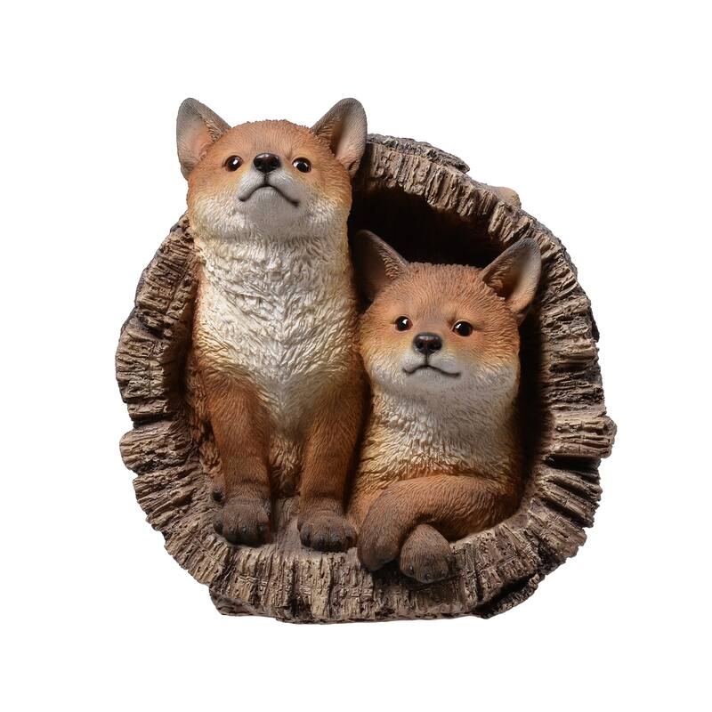 Fox Couple in Stump Outdoor Garden Statue - 11.5"