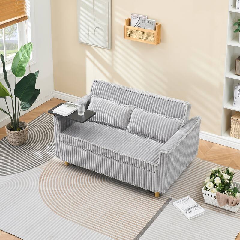 Gray Corduroy Pull-out Sofa with Movable Tabletop and USB Ports - Multi-Color
