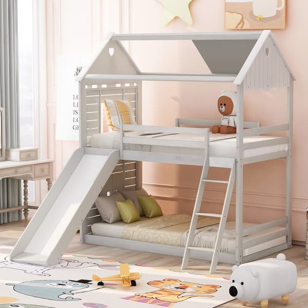 slide 2 of 18, Twin Over Twin Bunk Bed with Roof, Window, Slide & Ladder - Adventure Awaits Antique White