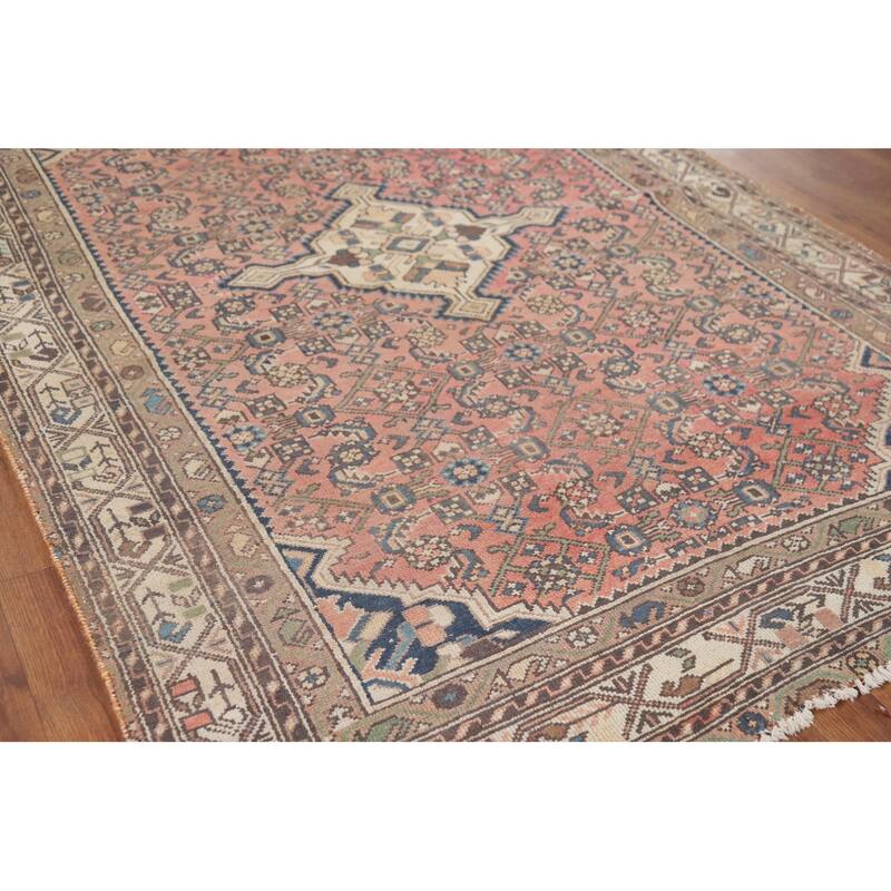 Pink Geometric Hamedan Persian Vintage Area Rug Handmade Wool Carpet - 4'8" x 6'10"