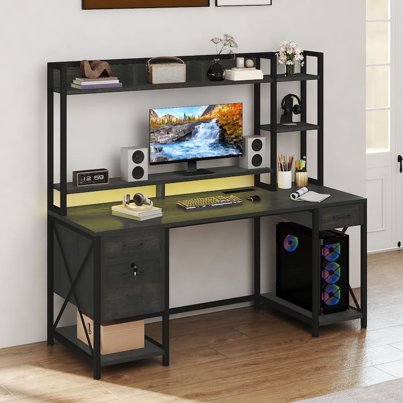 Moasis 59" Computer Desk with Hutch and Shelves, LED Gaming Desk with Monitor Stand - Grey