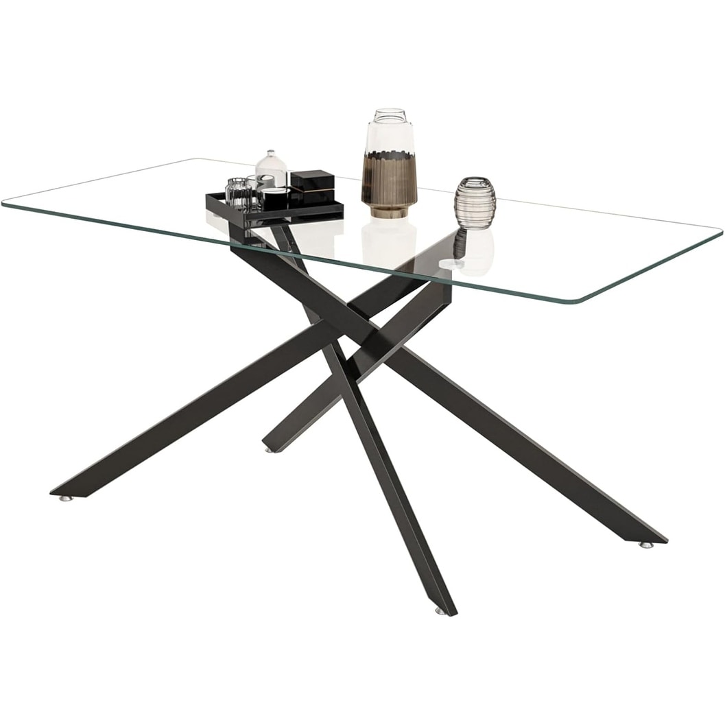 60 Inch Modern Glass Dining Table with Black Metal X Legs for 4-6 People - 60"-black