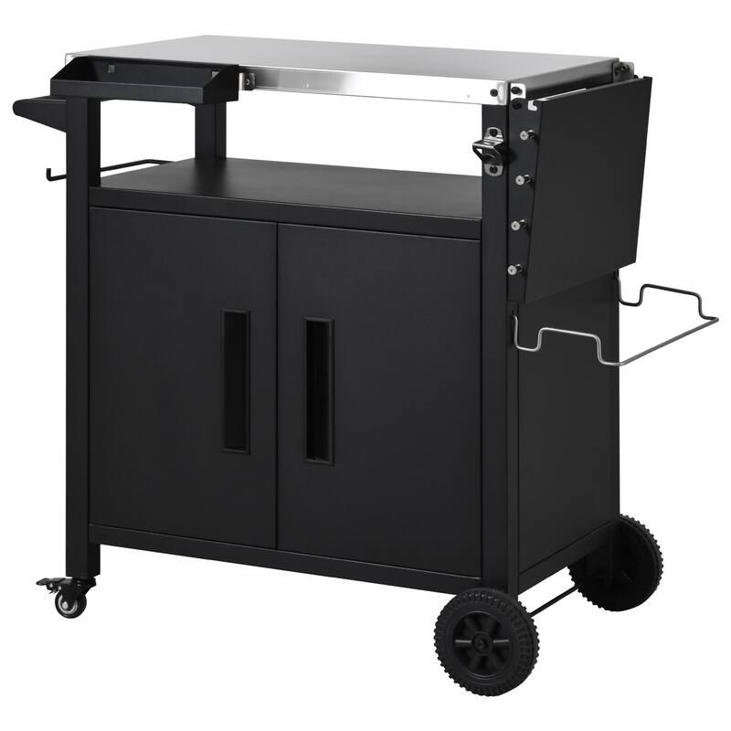 45" Metal Outdoor Grill Cart with Storage Cabinet, Outdoor Kitchen Island with Foldable Table on Wheels for BBQ