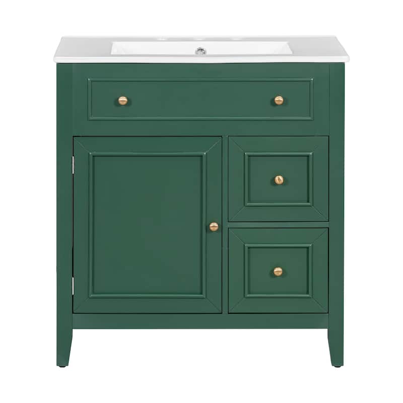 30'' Solid Wood Bathroom Vanity with Cabinet, 2 Drawers, and Ceramic Sink