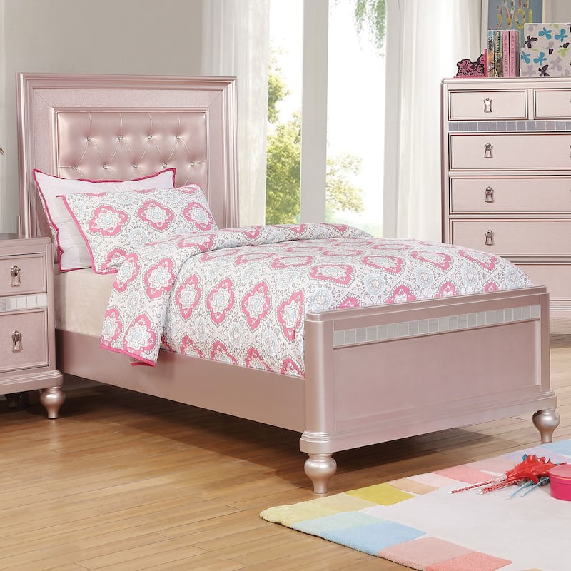 Gibson Transitional Faux Leather Padded Mirror Trim Panel Kid Bed by Silver Orchid - Rose Gold - Twin